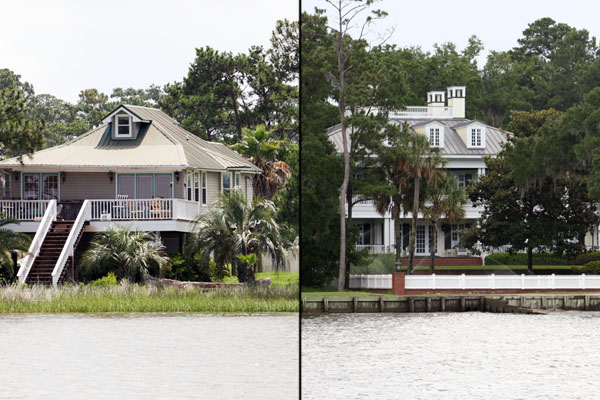 These are two views of shore­lines in Mobile Bay in Alabama. At left, a nat­ural shore­line is seen, and at right, a man-​​made ver­tical wall is seen. Photos taken by Steven Scyphers.