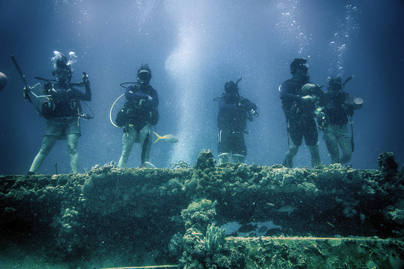 Members of Mission 31 stand atop Aquarius, the last remaining underwater research habitat.Photo courtesy of Francis Choi.