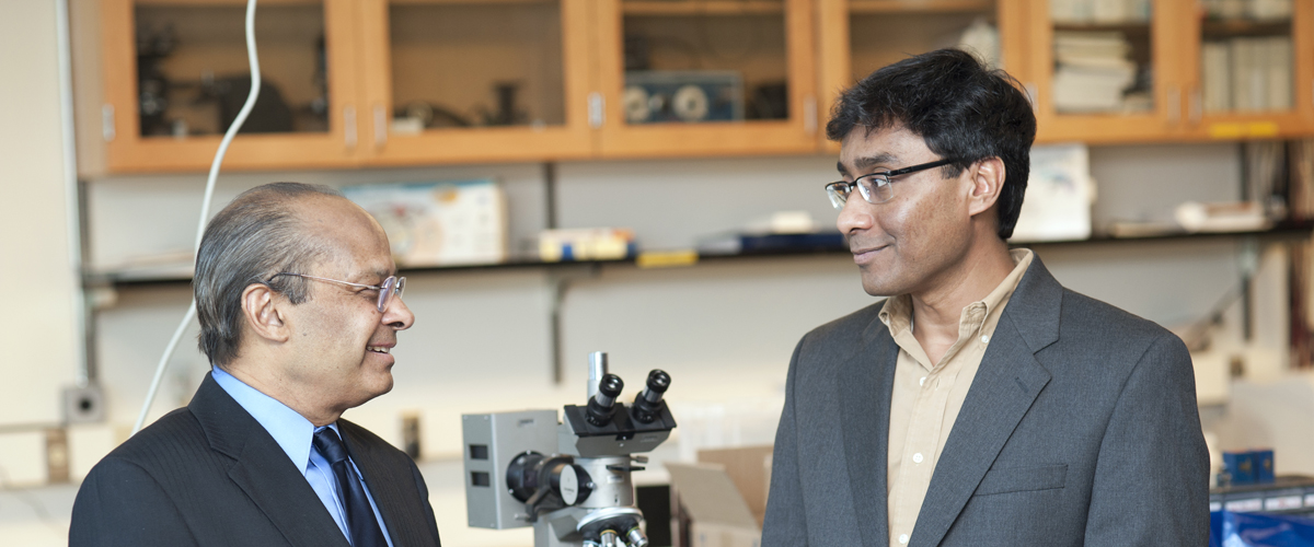 Srinivas Sridhar, left, the Arts and Sciences Distinguished Professor of Physics and director of Northeastern’s Electronic Materials Research Institute, and Swastik Kar, an assistant professor of physics in the College of Science. File photo