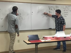 Two members of the Biochemisty Club play Pictionary during a game night.