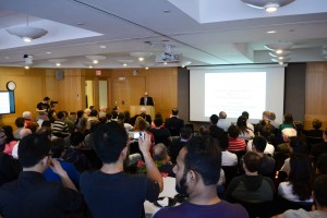 Dr. Barry Karger addresses a packed room during his April 20, 2016 Retirement Colloquium.