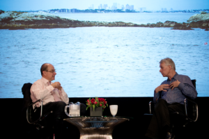 President Aoun and Chairman of Ocean Genome Legacy (OGL) Sir Richard Roberts talk about Roberts' talk titled, "Why I Love Bacteria."