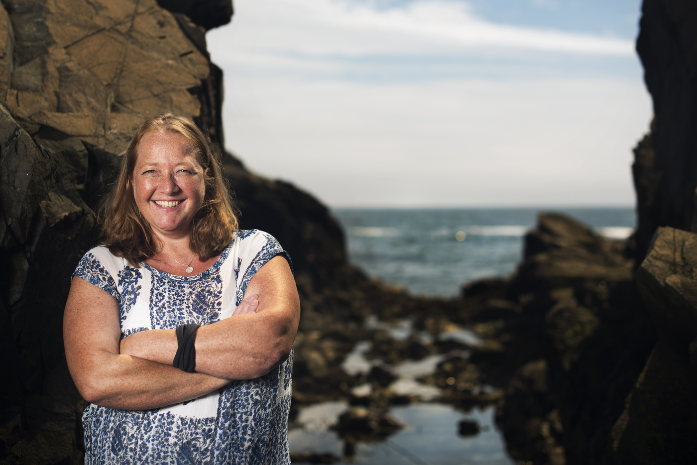 Jennifer Bowen, Associate professor in the Department of Marine and Environmental Sciences, poses for a portrait at the Marine Science Center campus in Nahant, Massachusetts