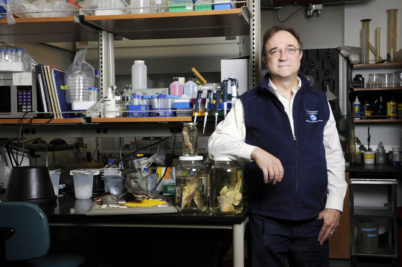 William Detrich, Professor of Marine Molecular Biology and Biochemistry posed for a portrait in the Marine Science Center at Northeastern University