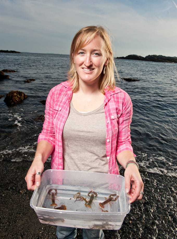 Lead author Dr. Marissa McMahan with the type of juvenile lobsters used in this study.