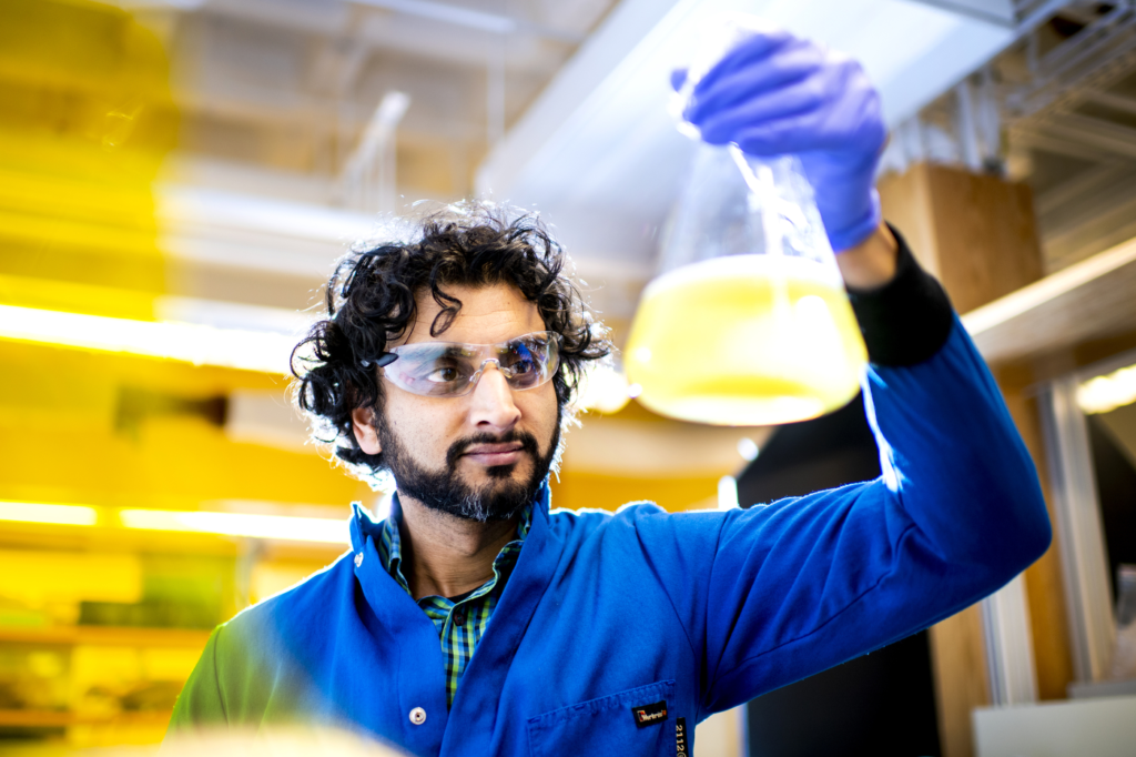 Neel Joshi, associate professor of chemistry and chemical biology, is training cells to build materials that could replace plastics or be used in medical treatments. Photo by Ruby Wallau/Northeastern University