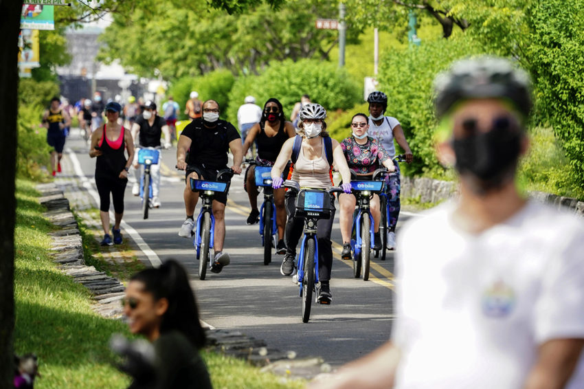A view of people enjoying the weather while cycling along Hudson River Path on May 16, 2020 in New York City. AP photo by John Nacion/STAR MAX/IPx