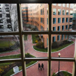campus viewed through window