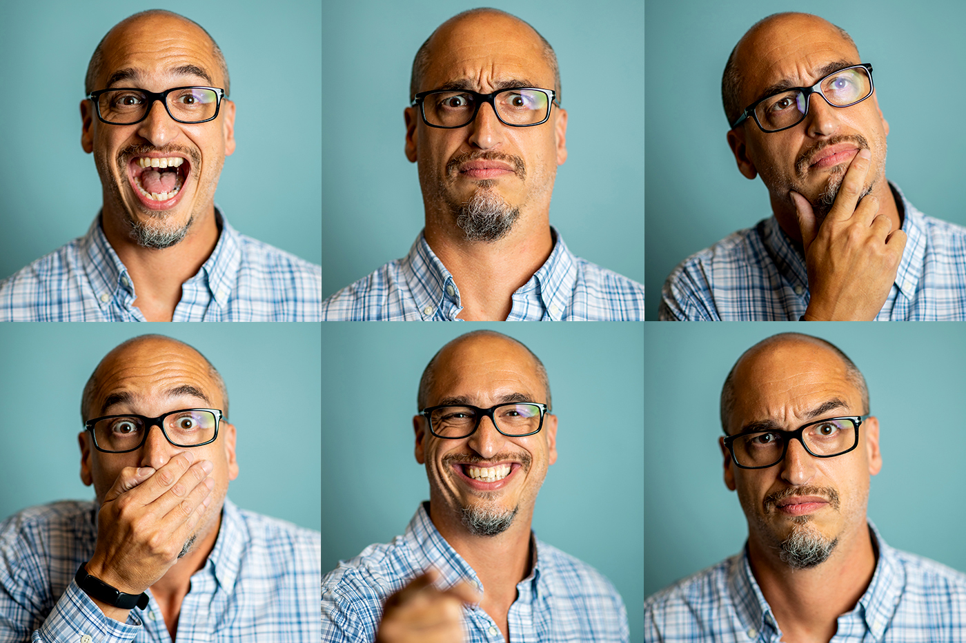Man poses for 6 headshots with varying facial expressions