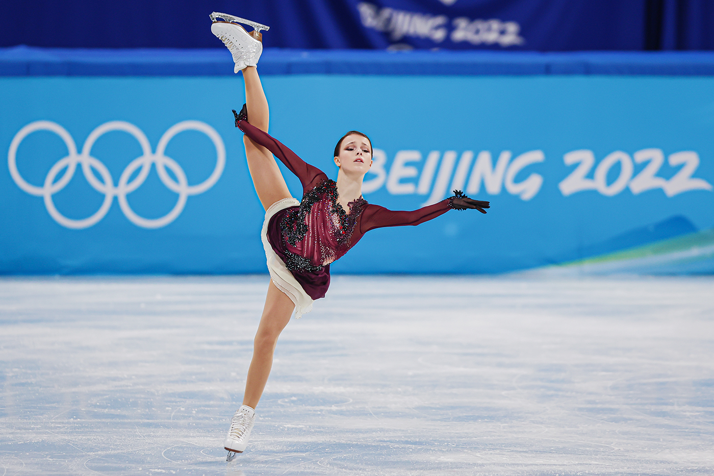 figure skater Anna Shcherbakova performing in a sparkly dress at the beijing 2022 olympics