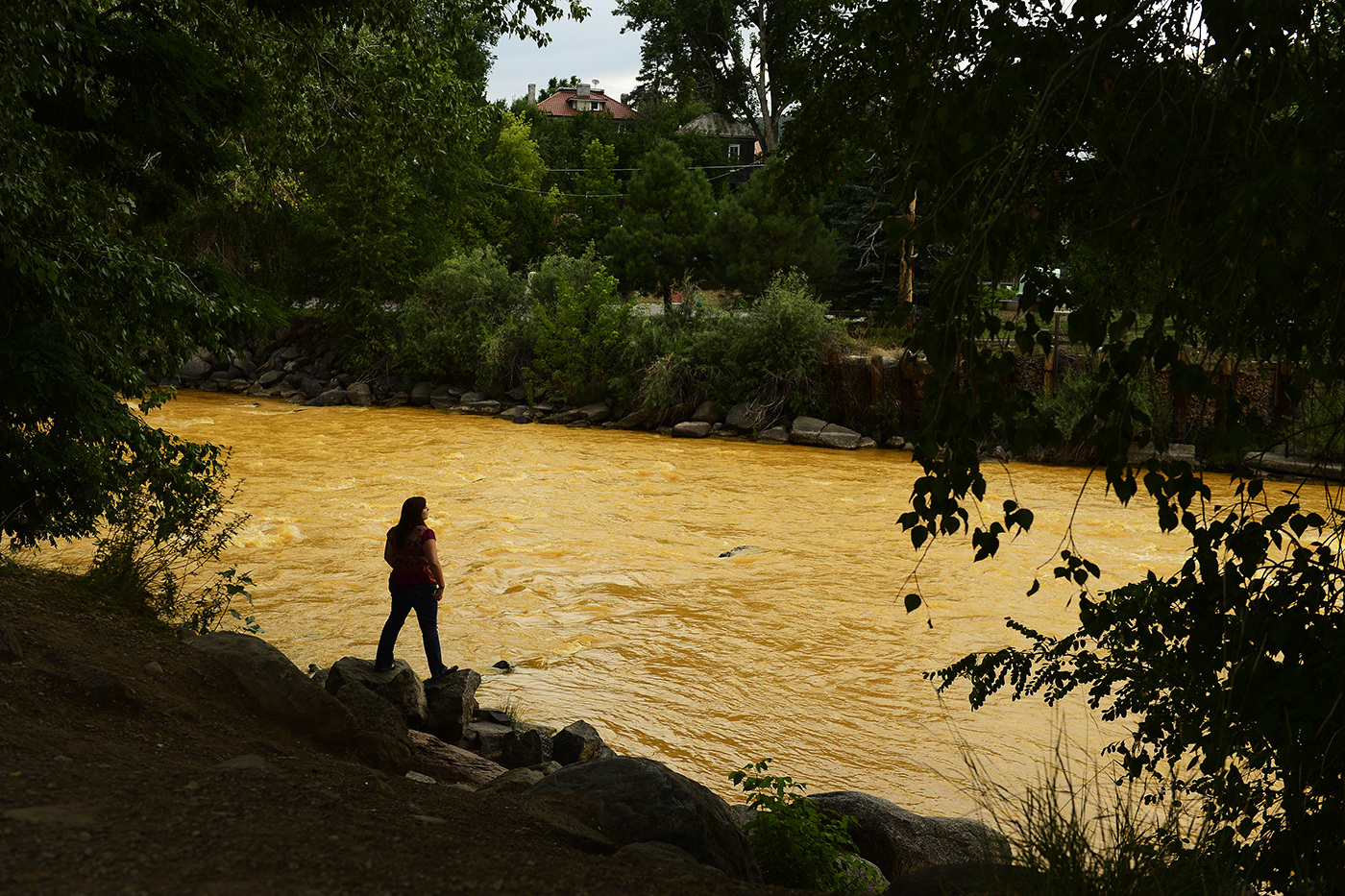 Kalyn Green, resident of Durango, stands on the edge of the river August 6, 2015 along Animas River.