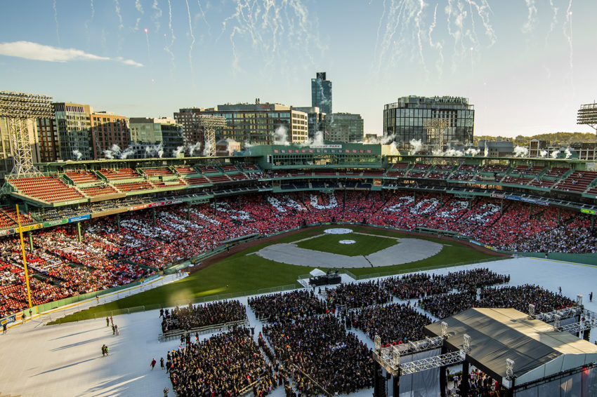 Arial view of Fenway park hosting the University's commencement ceremony