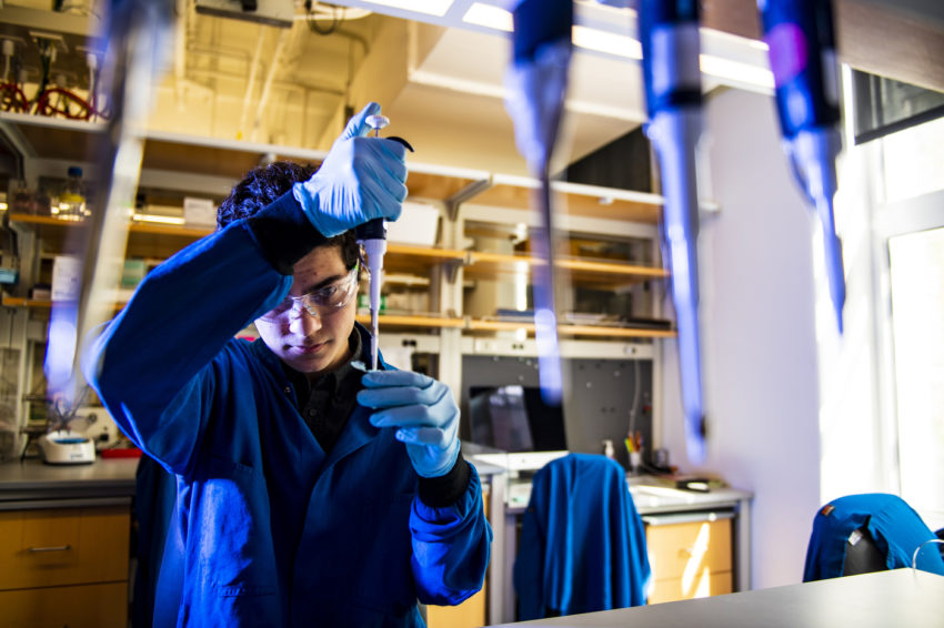 dillon nishigaya works in a biologu lab using a test tube and a pipette