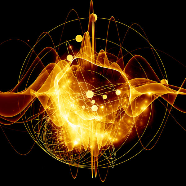 digital representation of an atom and quantum waves illustrated with fractal elements