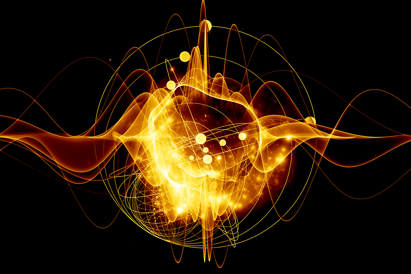 digital representation of an atom and quantum waves illustrated with fractal elements