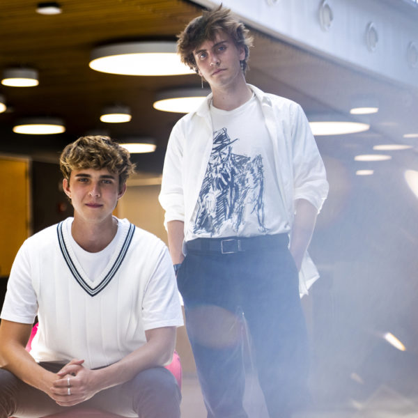 Northeastern students Lukas Dudzik and Alder Whiteford, Sewn Boutique founders, pose for a portrait in the Interdisciplinary Science and Engineering Complex.