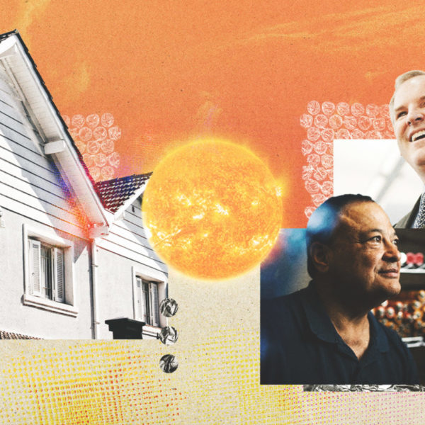 Illustration of the sun, a house, and 2 people