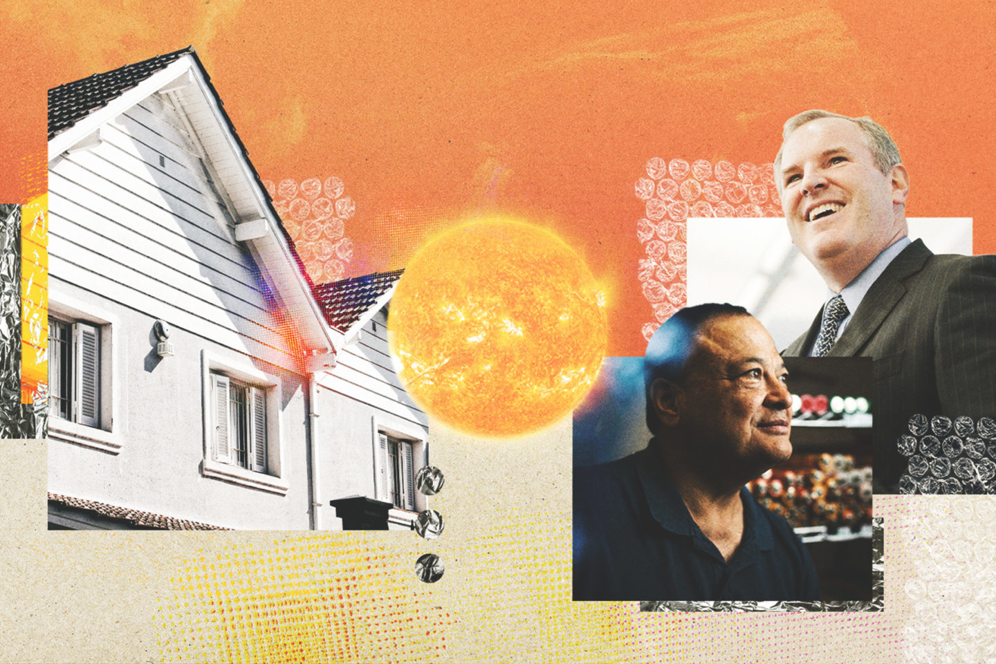 Illustration of the sun, a house, and 2 people