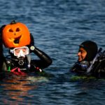 Divers in the water hold a carved pumpkin