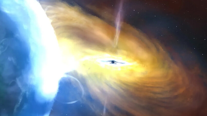An artist’s rendering of a black hole as it consumes cosmic dust and gas.