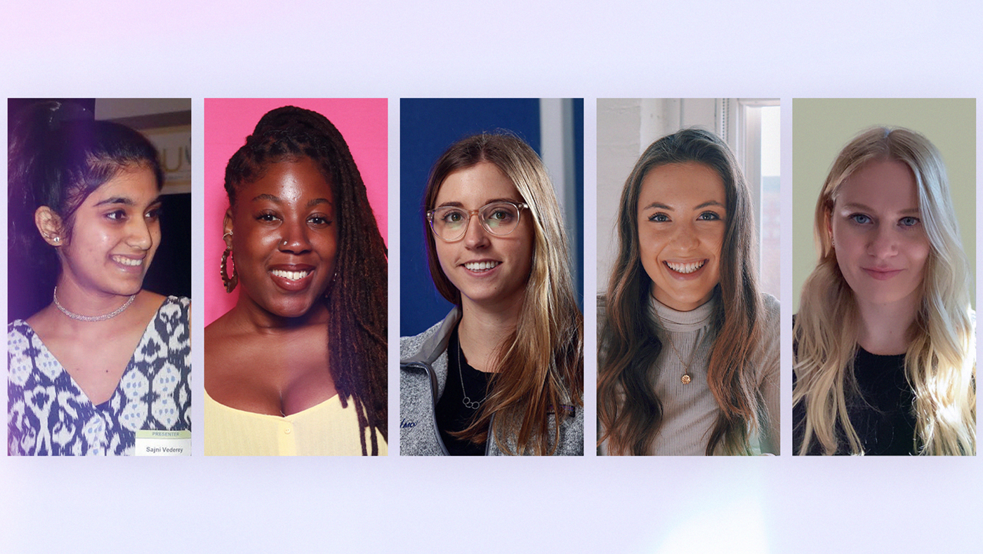 Winners of the 2023 Women Who Empower Innovator Awards. Left to right: Sajni Vederey, founder Shoerzo; Adebukola Ajao, founder of For All Things Digital; Madison Rifkin, CEO and founder of Mount; Rachel Domb, founder of Rooted Living; Jessica Pogranyi, co-founder of Cara a Cara.