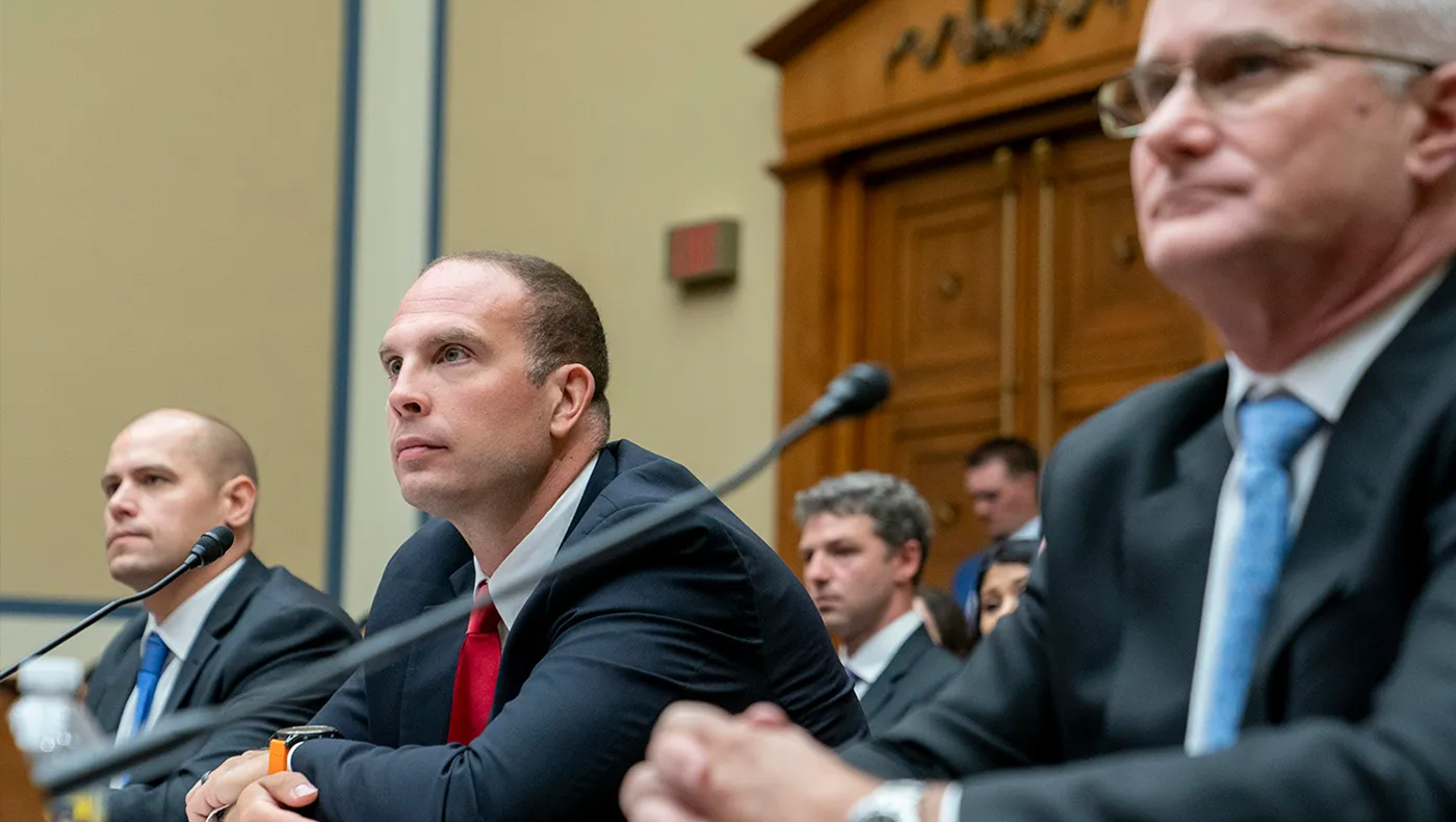 Ryan Graves, Americans for Safe Aerospace Executive Director, from left, U.S. Air Force (Ret.) Maj. David Grusch, and U.S. Navy (Ret.) Cmdr. David Fravor, testify before a House Oversight and Accountability subcommittee hearing on UFOs, Wednesday, July 26, 2023, on Capitol Hill in Washington.