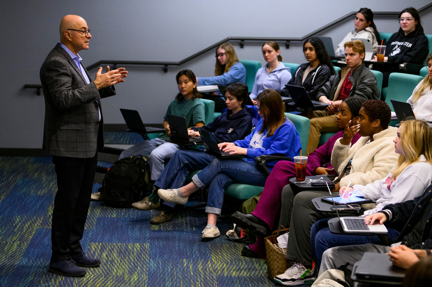 Northeastern University president guest lectures a psychology course