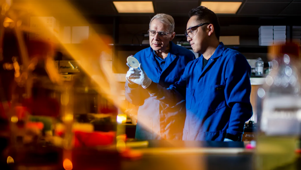 Kim Lewis, a University Distinguished Professor of Biology in his lab with Yu Imai, a postdoctoral research student.