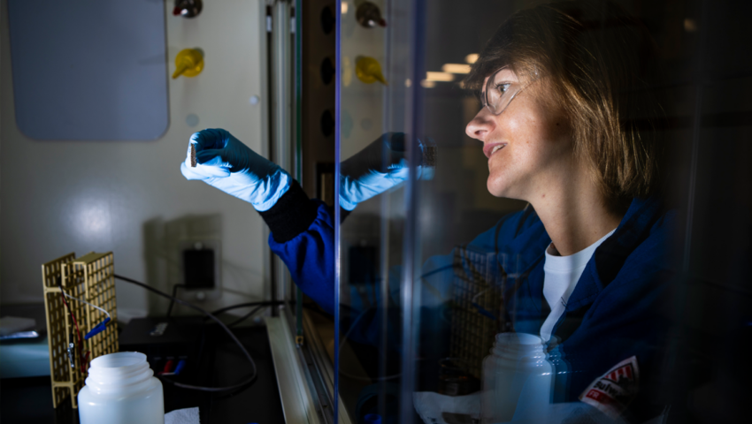 Professor Magda Barecka works in her chemistry lab in Egan Research Center.