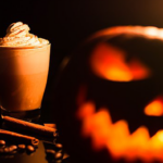 A pumpkin spice latte and a spooky jack'o'-lantern