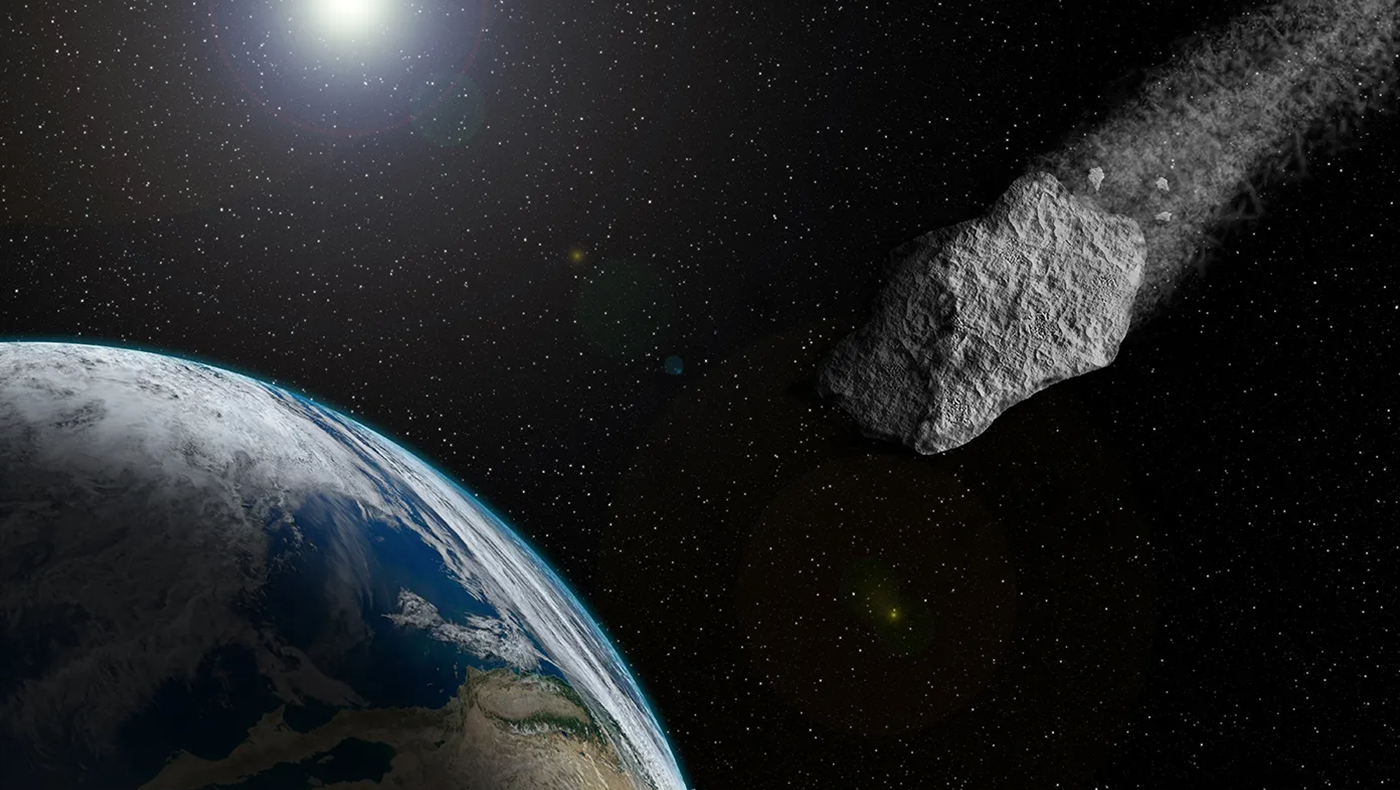 Picture from space of a large asteroid pointed at Earth.