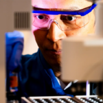 Close up of a mans face partially obscured by white lab equipment. He is wearing blue detailed safety glasses, a blue lab coat, and blue latex gloves.
