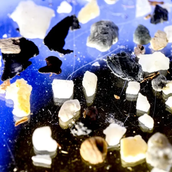 Close up picture of small pieces of plastic on a blue and black background.
